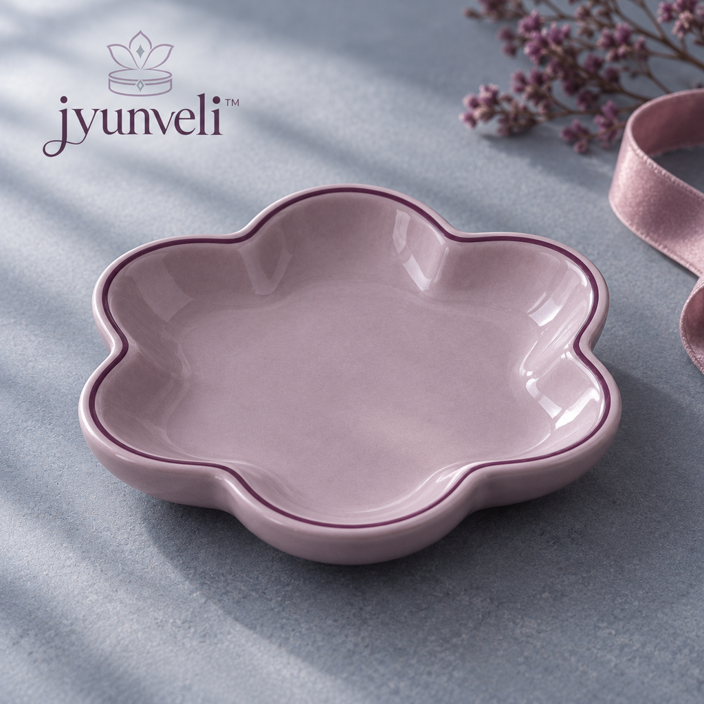 jyunveli™ Petal Pause Ceramic Jewelry Dish — Scalloped Ring Tray & Small Trinket Catchall for Dresser or Nightstand