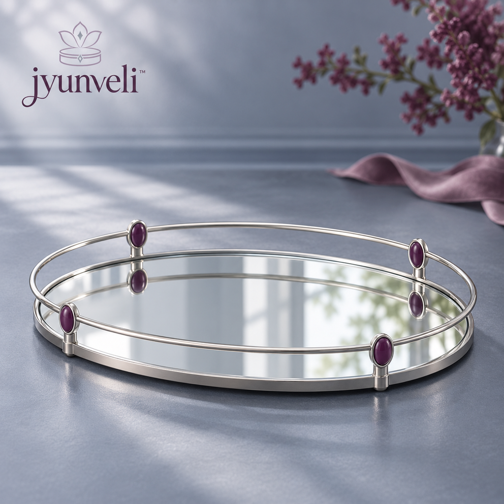 jyunveli™ Silver Gallery Mirrored Vanity Tray — Oval Perfume Display & Dresser Organizer with Silver-Tone Metal Rail