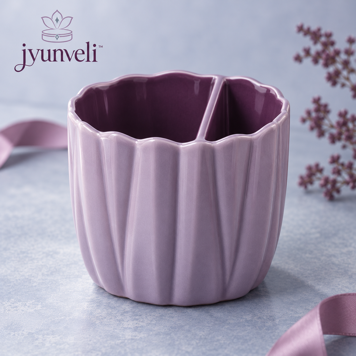 jyunveli™ Pleated Bloom Ceramic Makeup Brush Holder — Divided Vanity Organizer Cup for Dry Brushes, Pencils & Combs