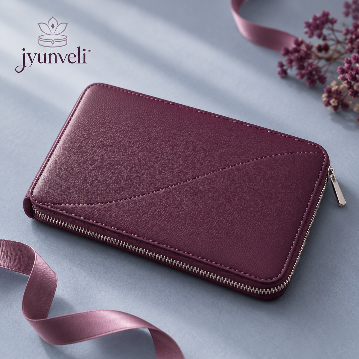jyunveli™ Evening Folio Slim Travel Jewelry Organizer — Zip-Around Faux-Leather Clutch for Earrings, Necklaces & Rings