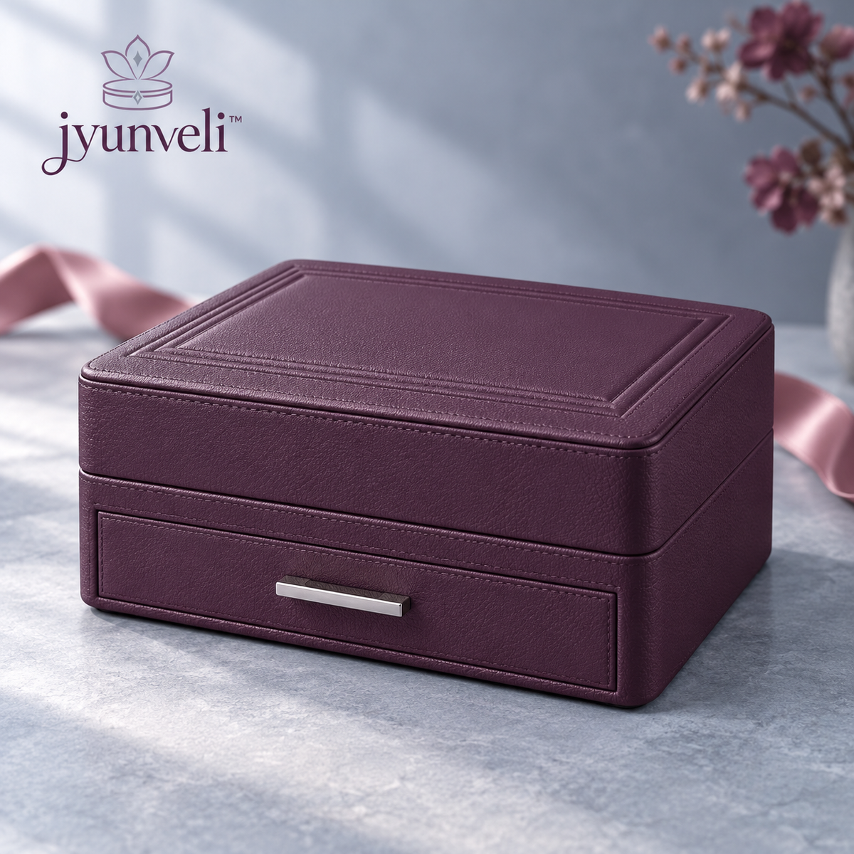 jyunveli™ Plum Atelier Two-Level Jewelry Box — Velvet-Lined Drawer Organizer for Rings, Earrings & Bracelets
