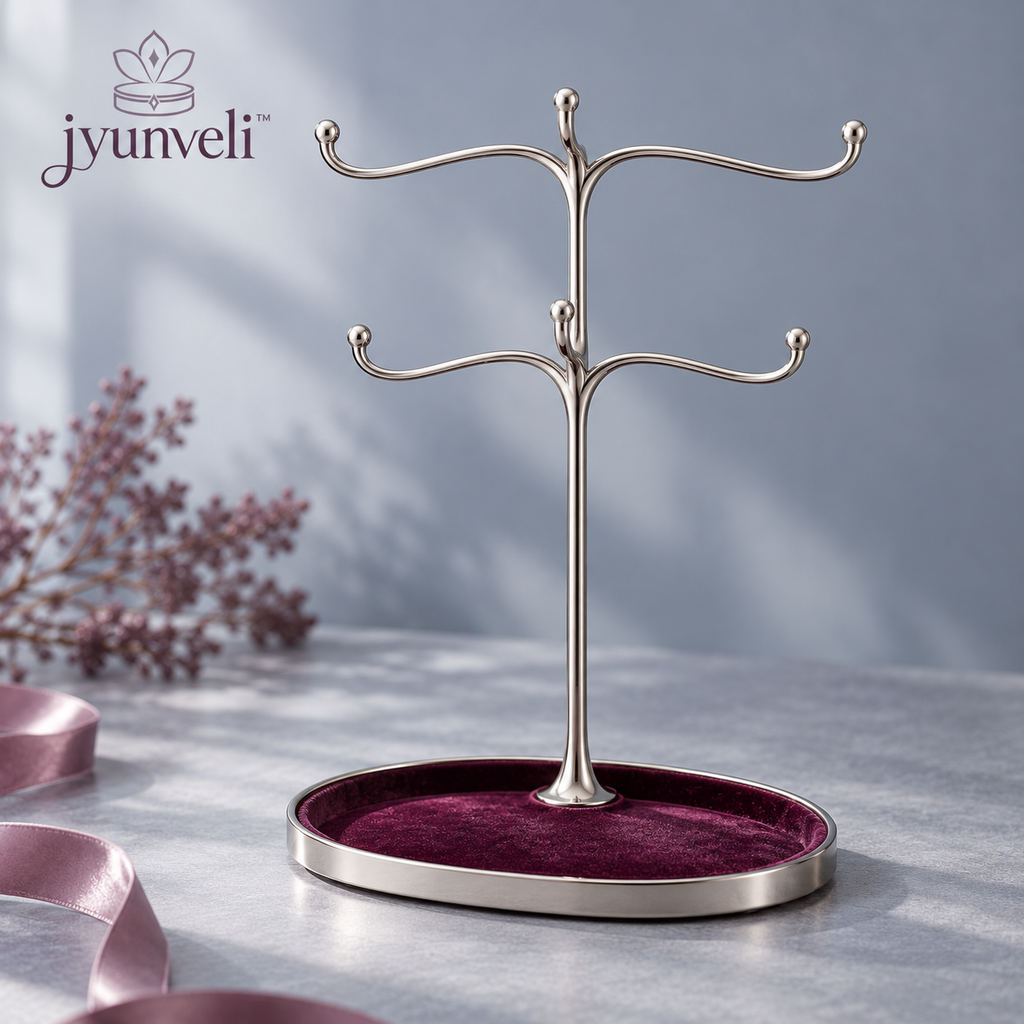 jyunveli™ Willow Silhouette Necklace Stand — Freestanding Silver-Tone Jewelry Organizer with Six Hooks & Velvet Base Tray