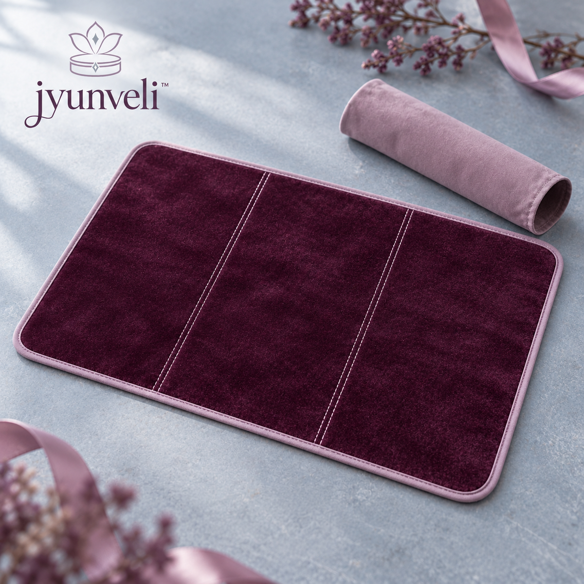 jyunveli™ Dressing Ritual Velvet Vanity Mat — Roll-Up Jewelry Sorting Pad & Dresser Accessory Mat with Storage Sleeve