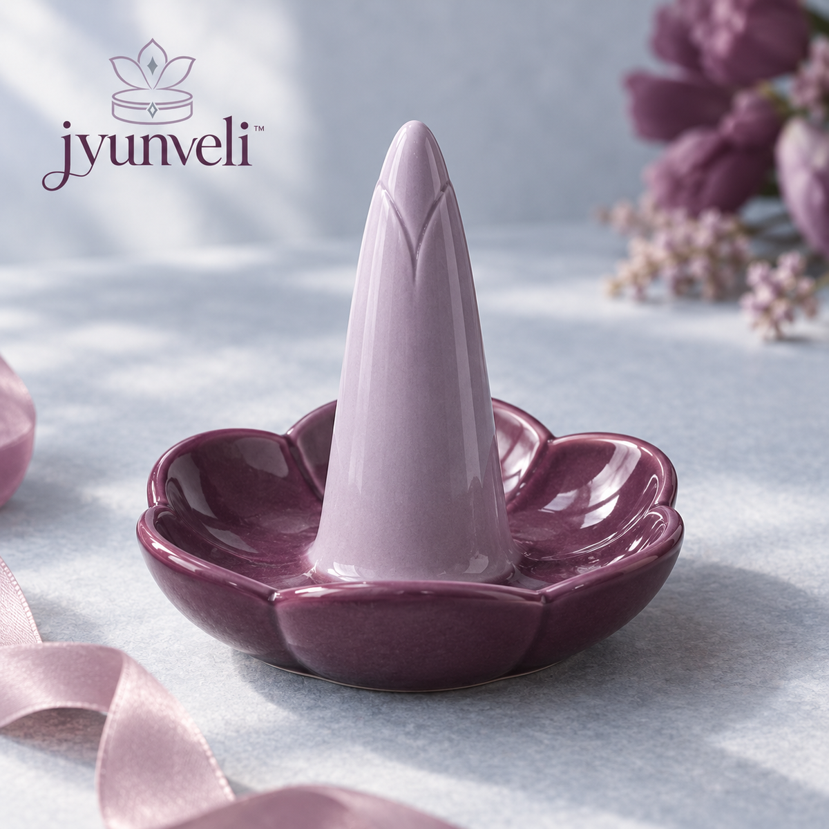 jyunveli™ Tulip Rest Ceramic Ring Holder — Sculpted Ring Cone with Small Earring Dish for Vanity & Nightstand
