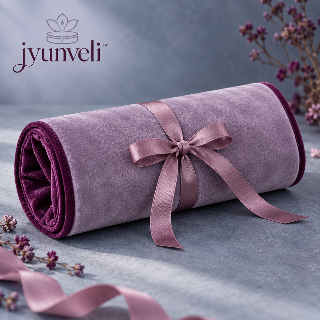 jyunveli™ Ribbon Passage Velvet Travel Jewelry Roll — Foldable Necklace, Ring & Earring Organizer with Zip Pockets