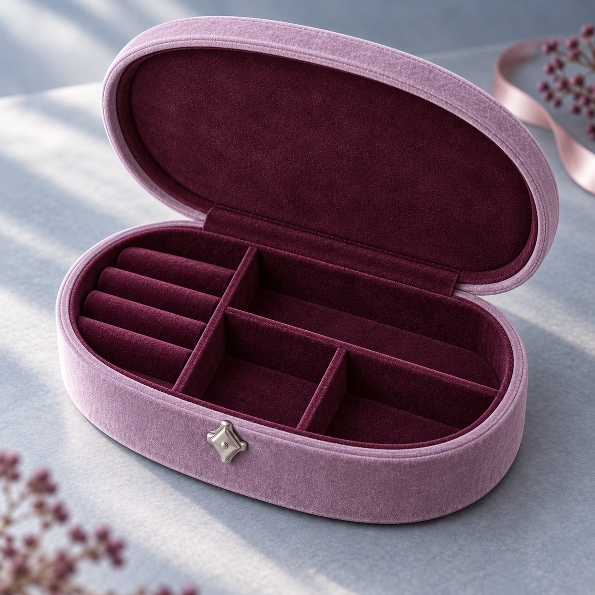 jyunveli™ Lilac Cameo Oval Velvet Jewelry Box — Small Dresser Organizer for Rings, Earrings & Bracelets