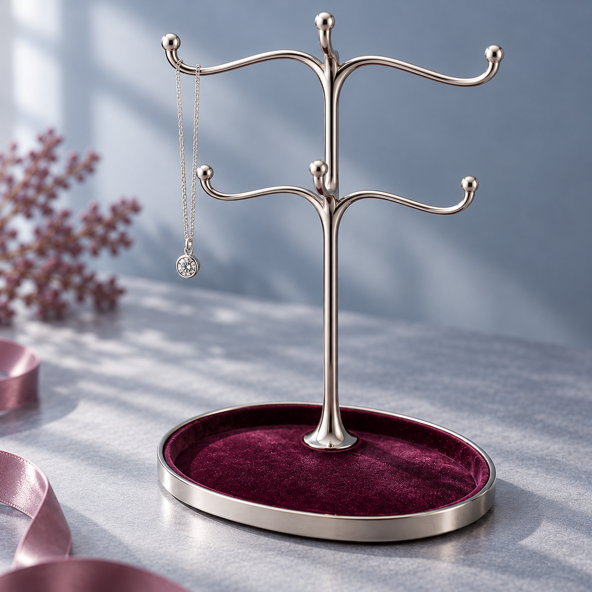 jyunveli™ Willow Silhouette Necklace Stand — Freestanding Silver-Tone Jewelry Organizer with Six Hooks & Velvet Base Tray