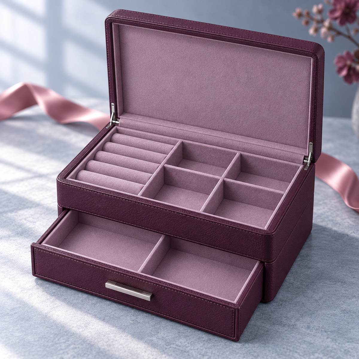 jyunveli™ Plum Atelier Two-Level Jewelry Box — Velvet-Lined Drawer Organizer for Rings, Earrings & Bracelets