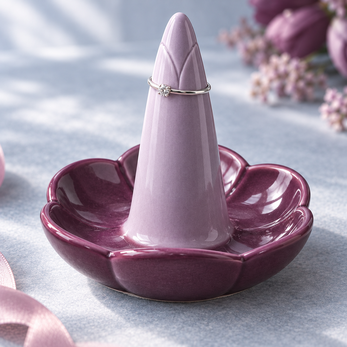 jyunveli™ Tulip Rest Ceramic Ring Holder — Sculpted Ring Cone with Small Earring Dish for Vanity & Nightstand