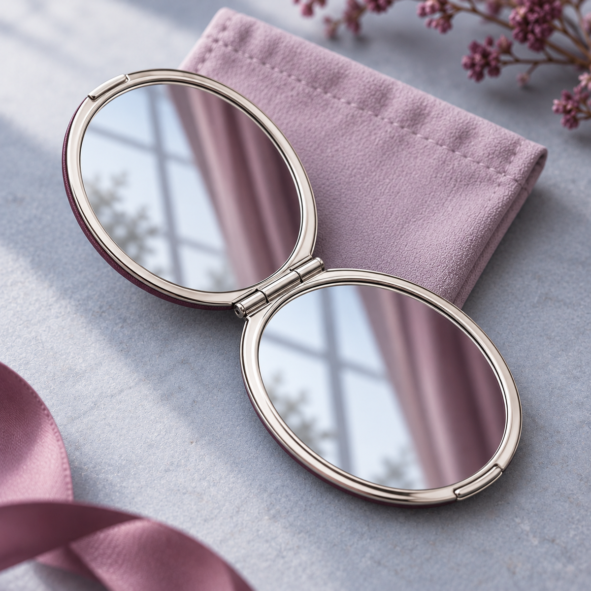 jyunveli™ Cameo Reflection Oval Compact Mirror — Double-Sided 1X/2X Folding Pocket Mirror with Protective Pouch