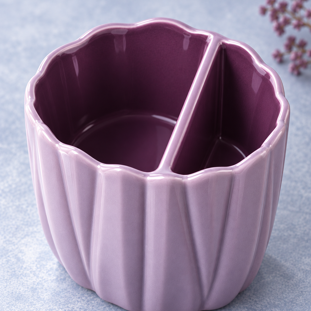 jyunveli™ Pleated Bloom Ceramic Makeup Brush Holder — Divided Vanity Organizer Cup for Dry Brushes, Pencils & Combs