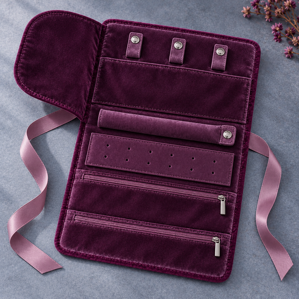jyunveli™ Ribbon Passage Velvet Travel Jewelry Roll — Foldable Necklace, Ring & Earring Organizer with Zip Pockets