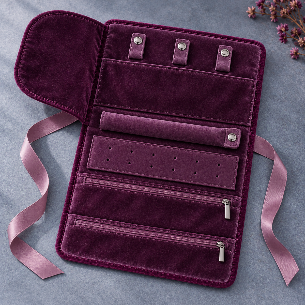 jyunveli™ Ribbon Passage Velvet Travel Jewelry Roll — Foldable Necklace, Ring & Earring Organizer with Zip Pockets
