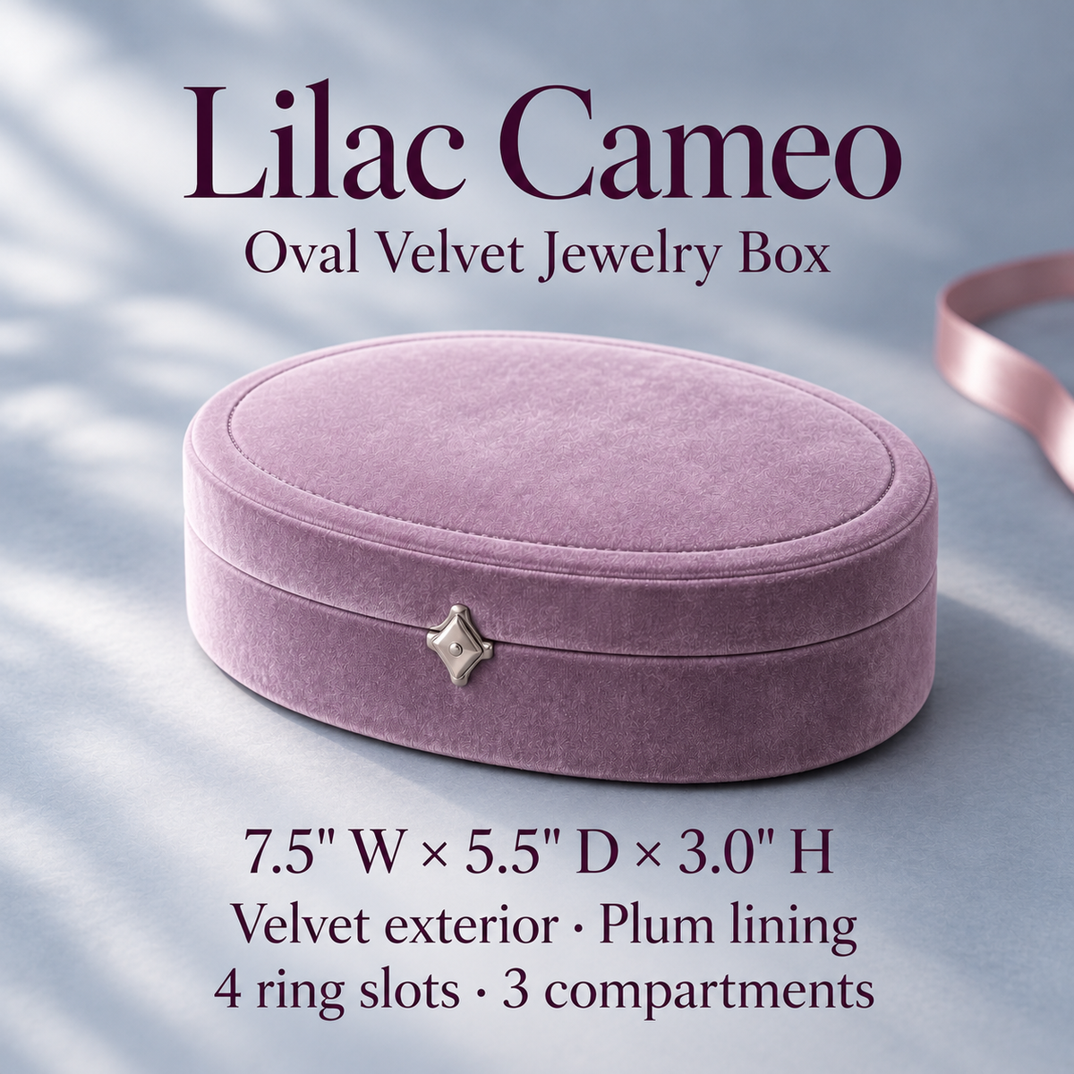 jyunveli™ Lilac Cameo Oval Velvet Jewelry Box — Small Dresser Organizer for Rings, Earrings & Bracelets