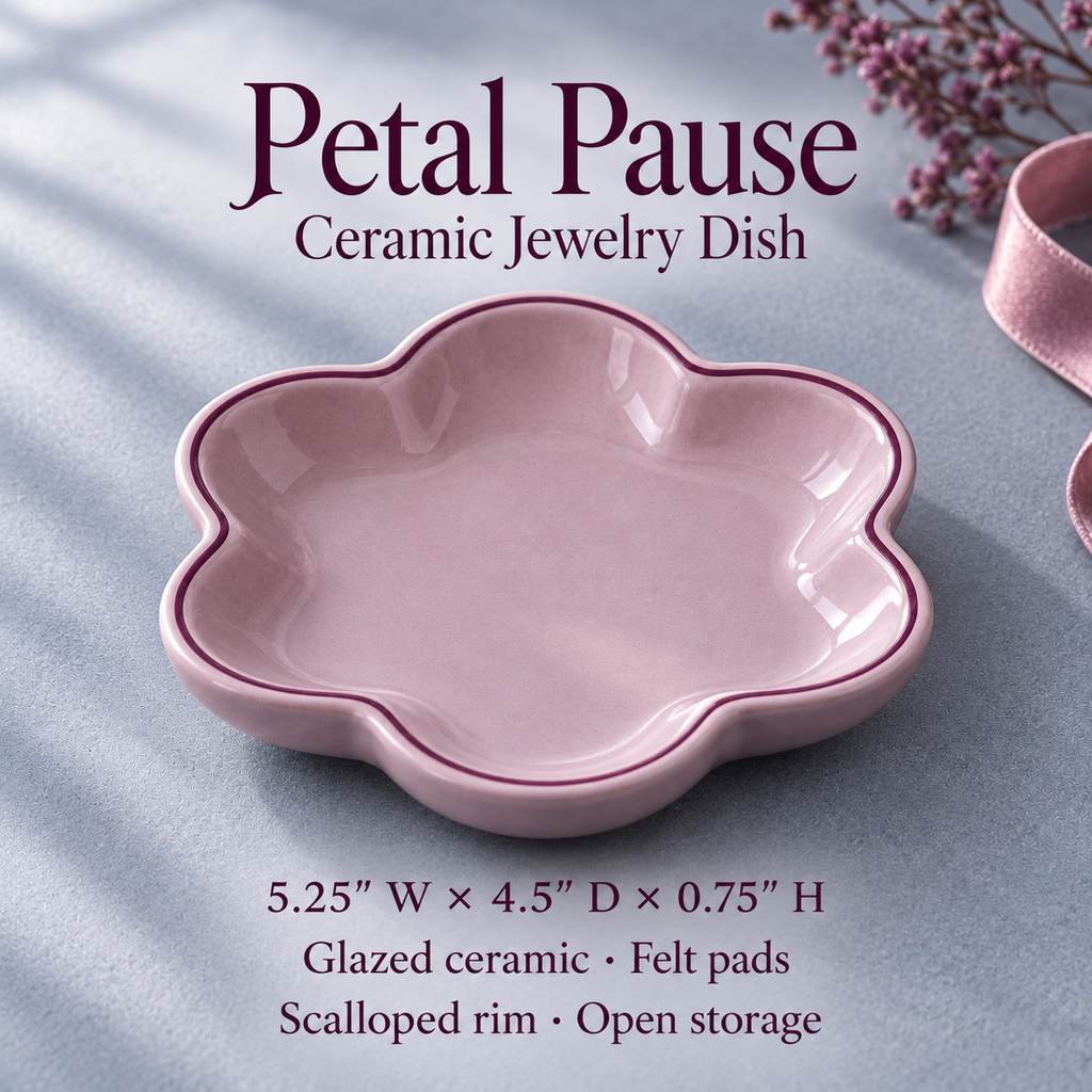 jyunveli™ Petal Pause Ceramic Jewelry Dish — Scalloped Ring Tray & Small Trinket Catchall for Dresser or Nightstand