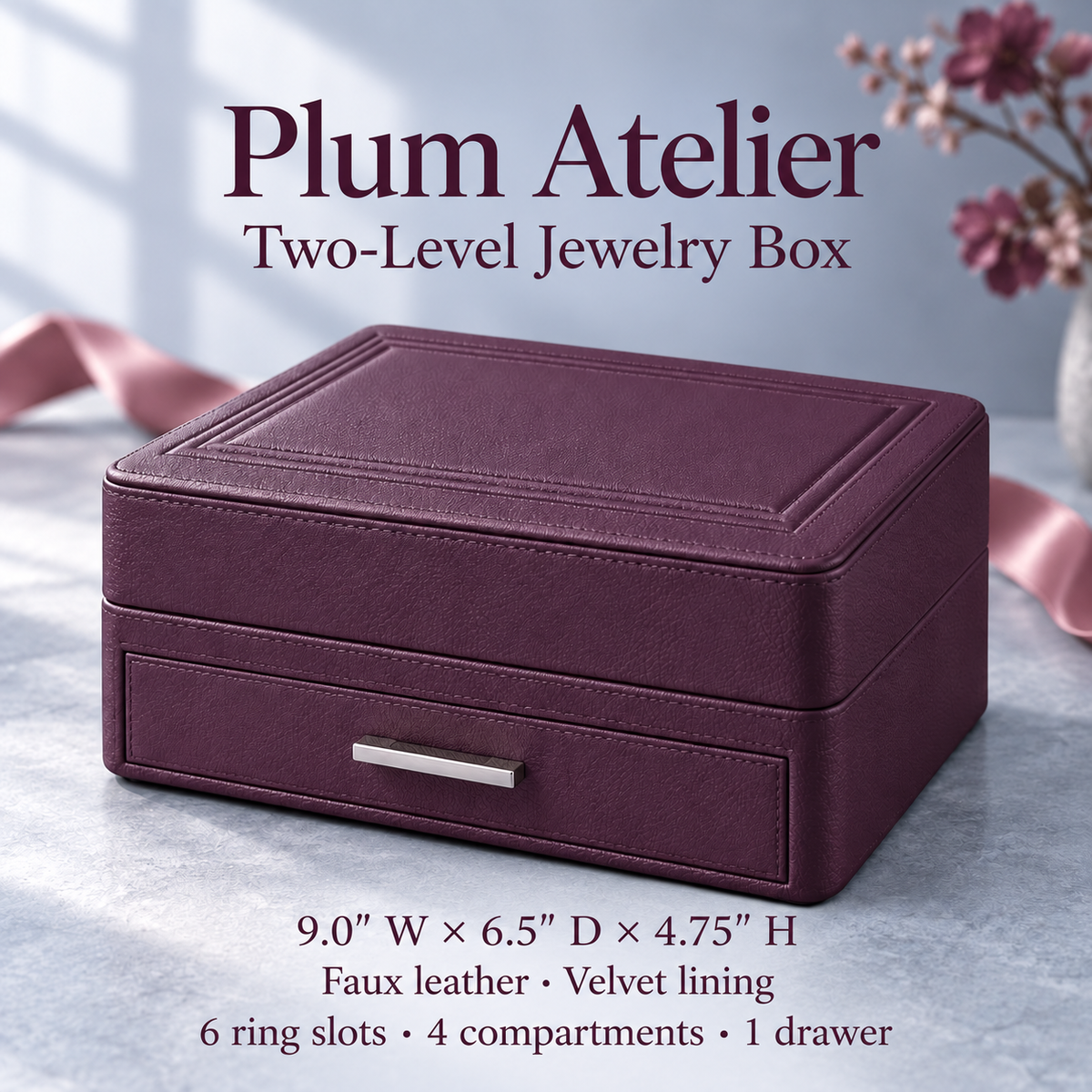jyunveli™ Plum Atelier Two-Level Jewelry Box — Velvet-Lined Drawer Organizer for Rings, Earrings & Bracelets