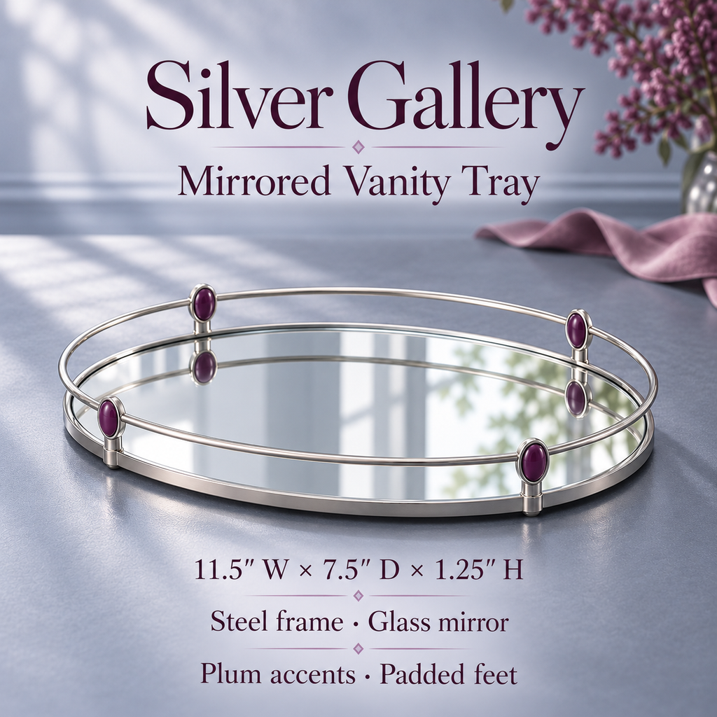 jyunveli™ Silver Gallery Mirrored Vanity Tray — Oval Perfume Display & Dresser Organizer with Silver-Tone Metal Rail