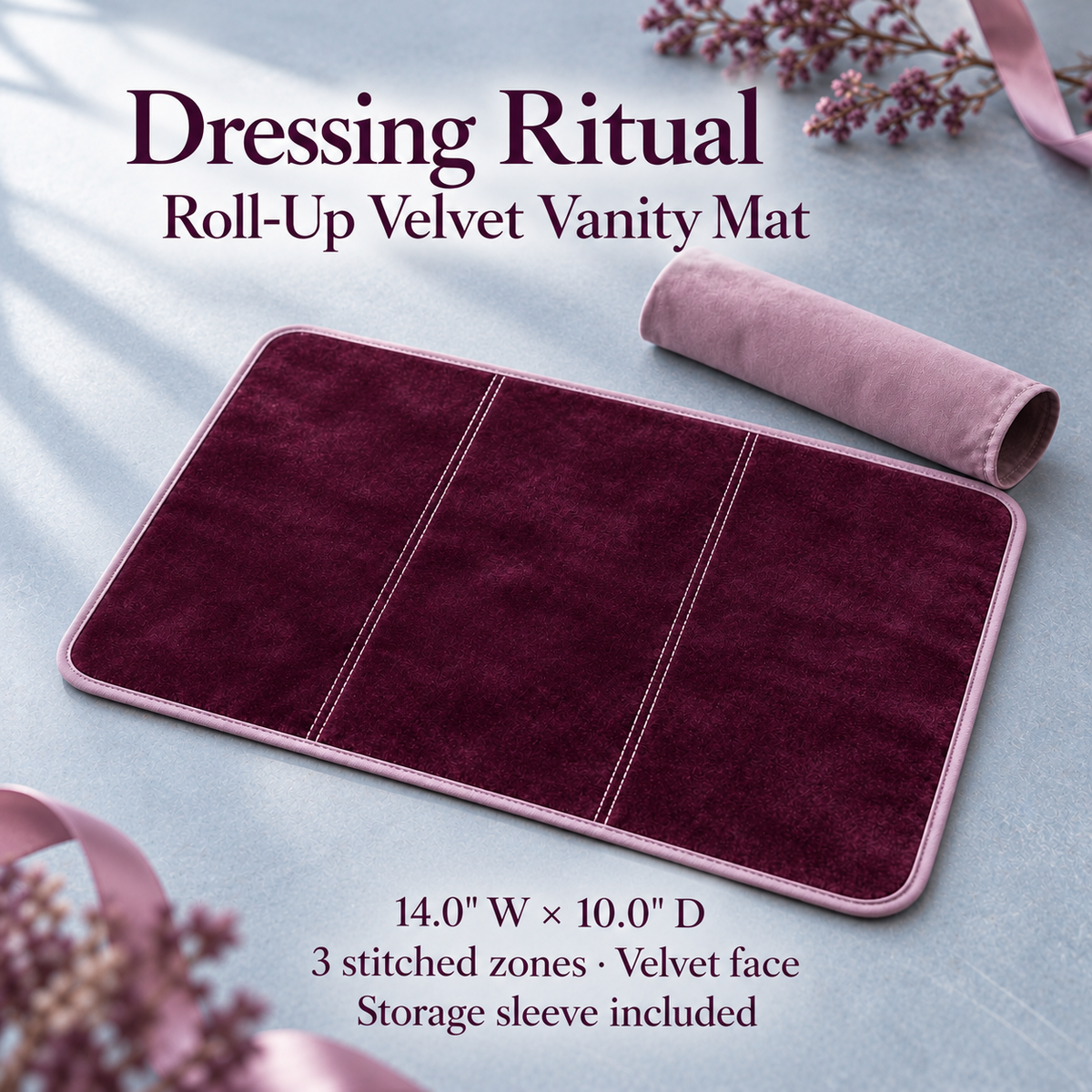 jyunveli™ Dressing Ritual Velvet Vanity Mat — Roll-Up Jewelry Sorting Pad & Dresser Accessory Mat with Storage Sleeve