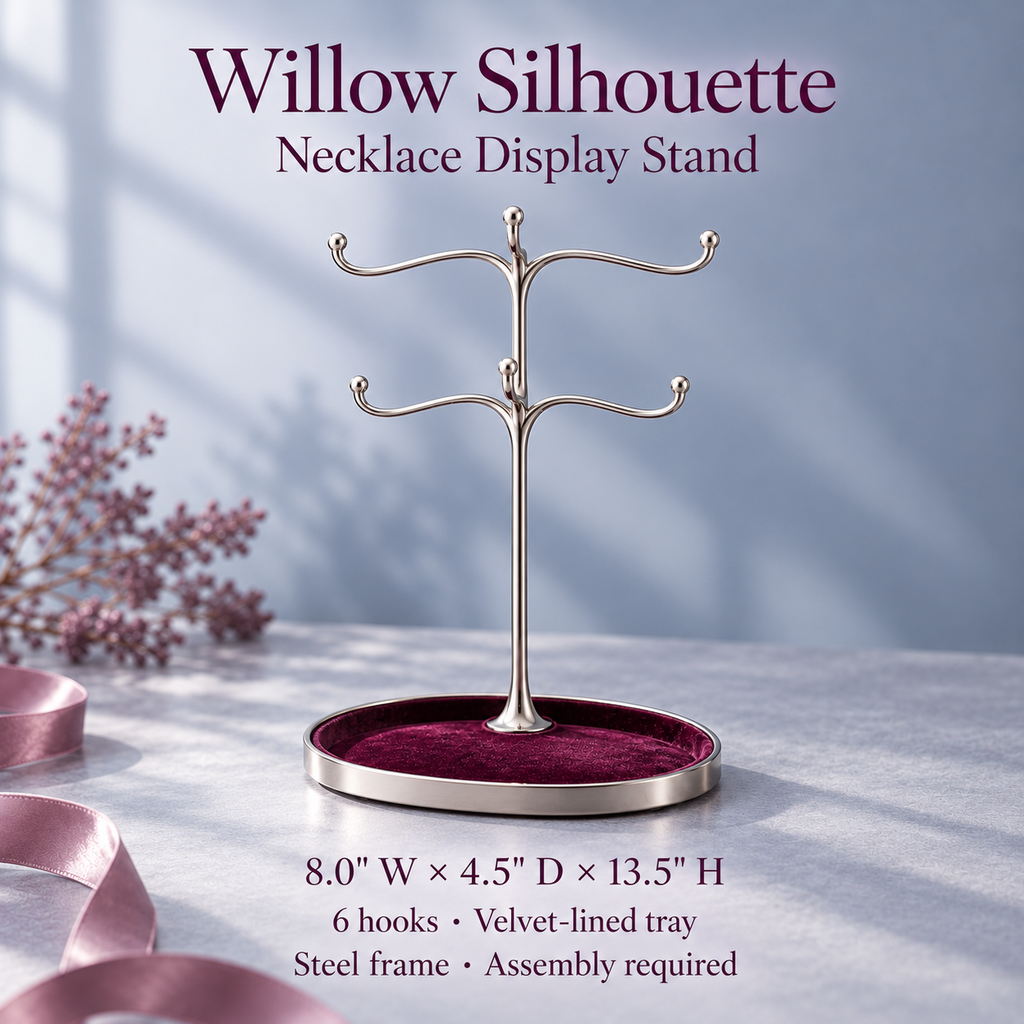 jyunveli™ Willow Silhouette Necklace Stand — Freestanding Silver-Tone Jewelry Organizer with Six Hooks & Velvet Base Tray