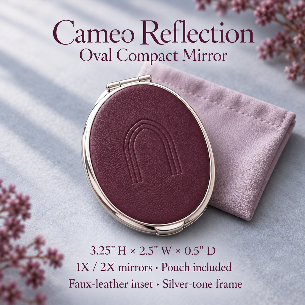 jyunveli™ Cameo Reflection Oval Compact Mirror — Double-Sided 1X/2X Folding Pocket Mirror with Protective Pouch