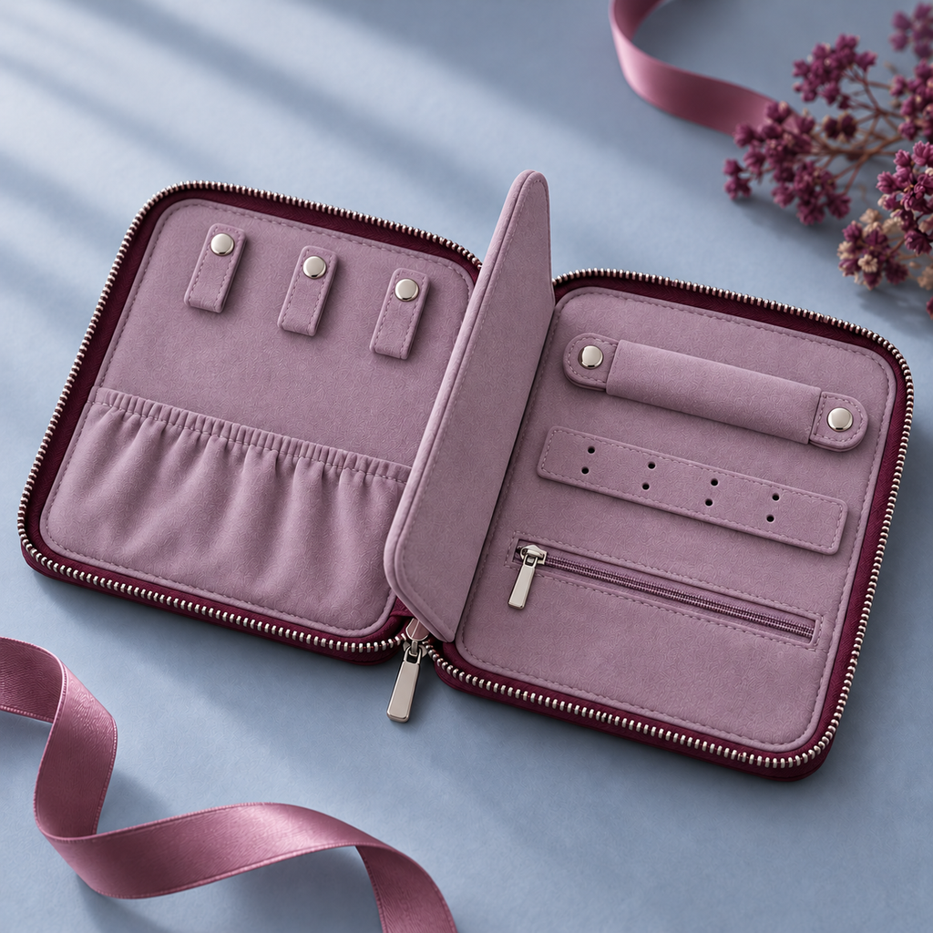jyunveli™ Evening Folio Slim Travel Jewelry Organizer — Zip-Around Faux-Leather Clutch for Earrings, Necklaces & Rings