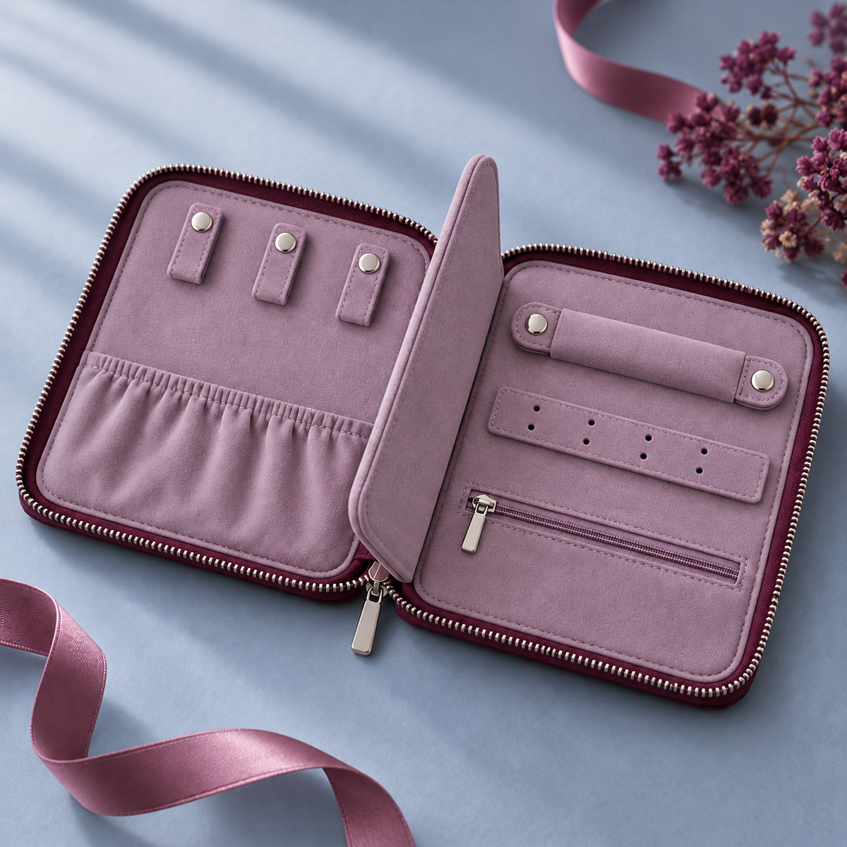 jyunveli™ Evening Folio Slim Travel Jewelry Organizer — Zip-Around Faux-Leather Clutch for Earrings, Necklaces & Rings