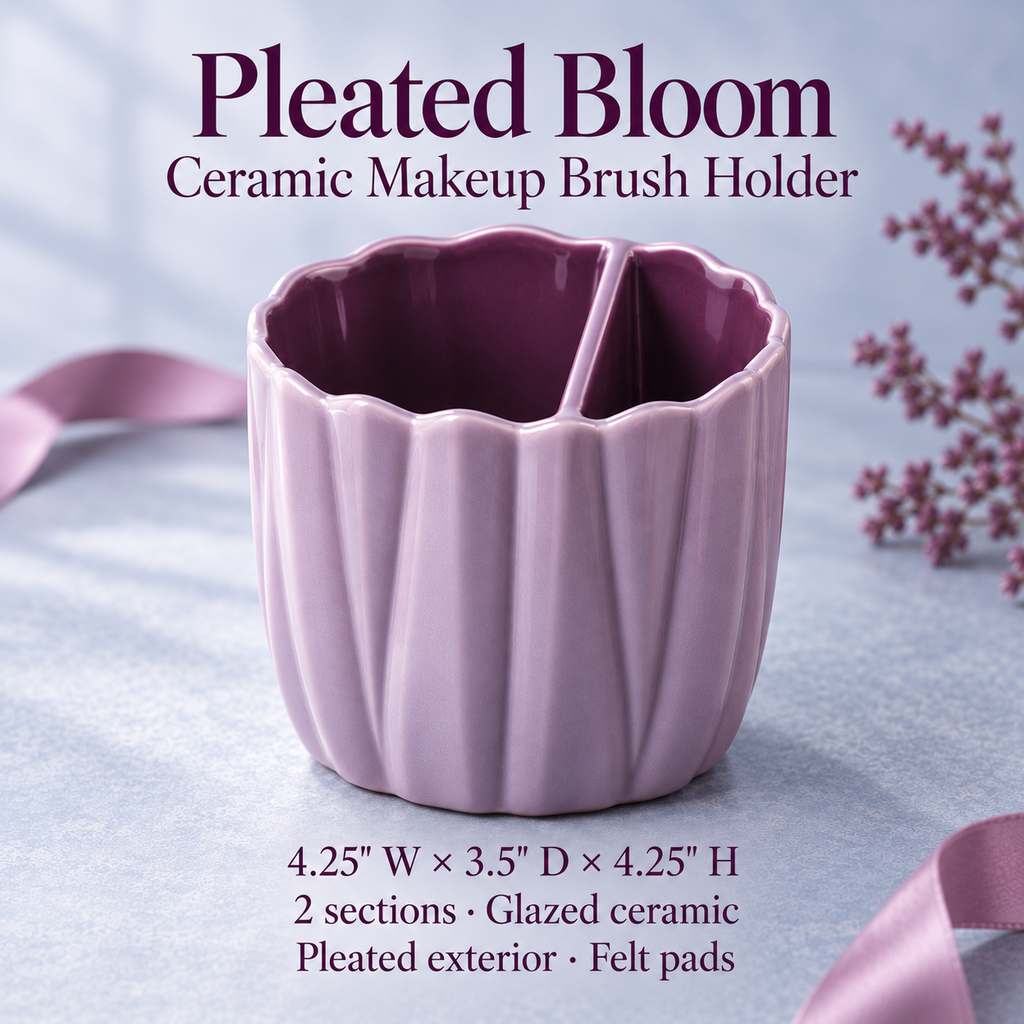 jyunveli™ Pleated Bloom Ceramic Makeup Brush Holder — Divided Vanity Organizer Cup for Dry Brushes, Pencils & Combs