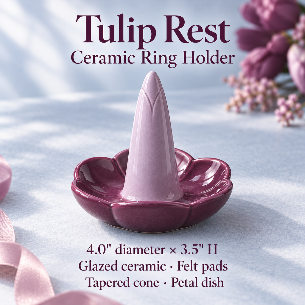 jyunveli™ Tulip Rest Ceramic Ring Holder — Sculpted Ring Cone with Small Earring Dish for Vanity & Nightstand