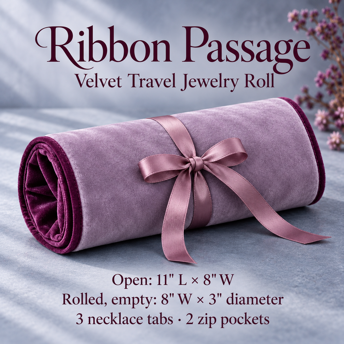 jyunveli™ Ribbon Passage Velvet Travel Jewelry Roll — Foldable Necklace, Ring & Earring Organizer with Zip Pockets