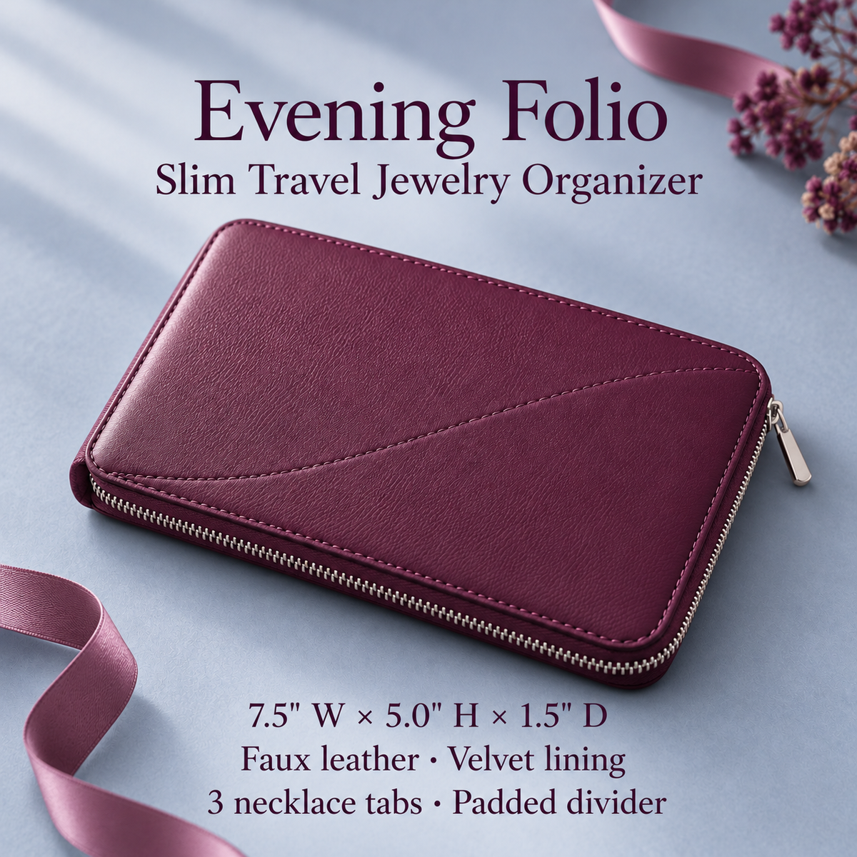 jyunveli™ Evening Folio Slim Travel Jewelry Organizer — Zip-Around Faux-Leather Clutch for Earrings, Necklaces & Rings